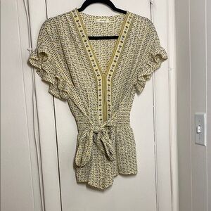 Max Studio Yellow Flutter Sleeve Blouse with Ruffled Tie Front